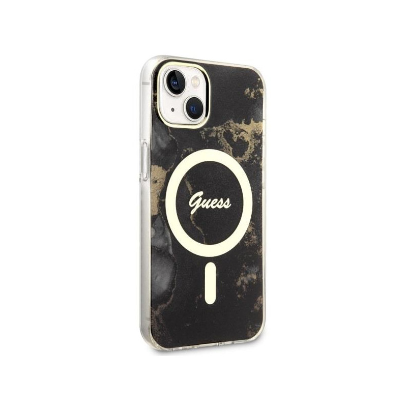 Guess Golden Marble MagSafe dėklas iPhone 14 Plus - juodas