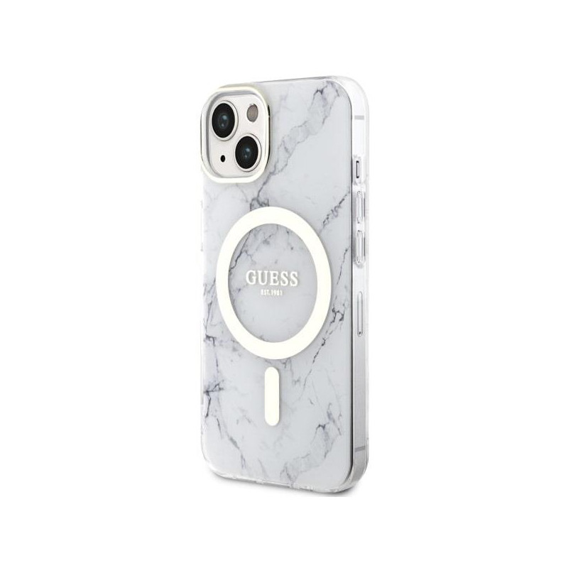 Guess Marble MagSafe dėklas iPhone 14 Plus - baltas