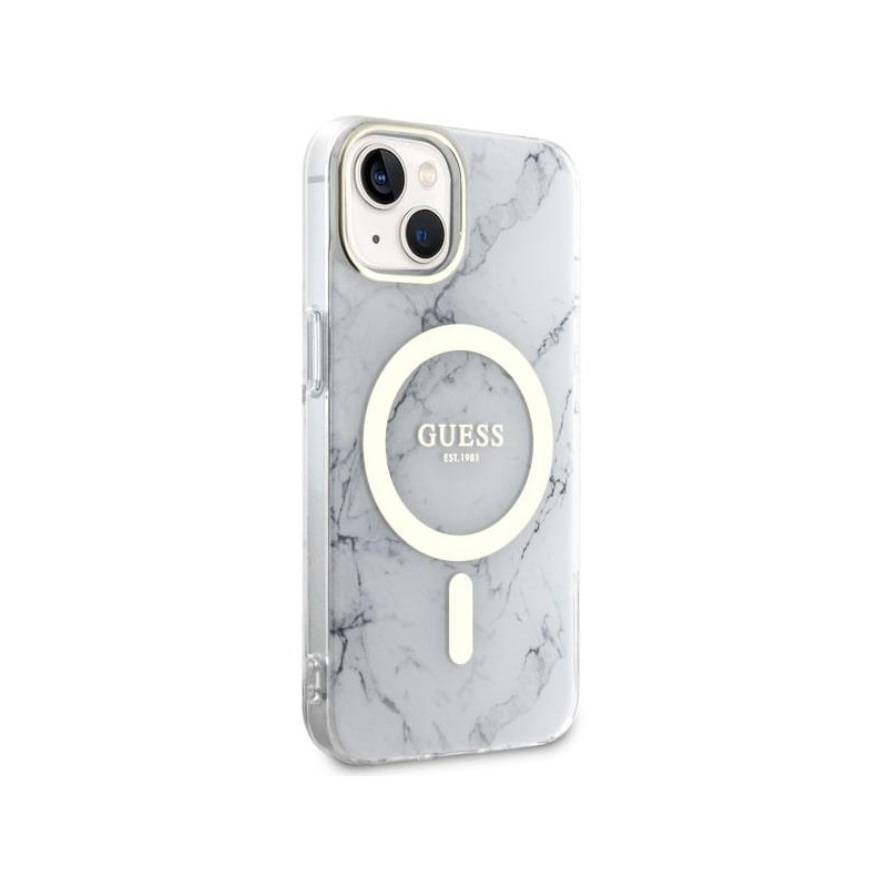 Guess Marble MagSafe dėklas iPhone 14 Plus - baltas