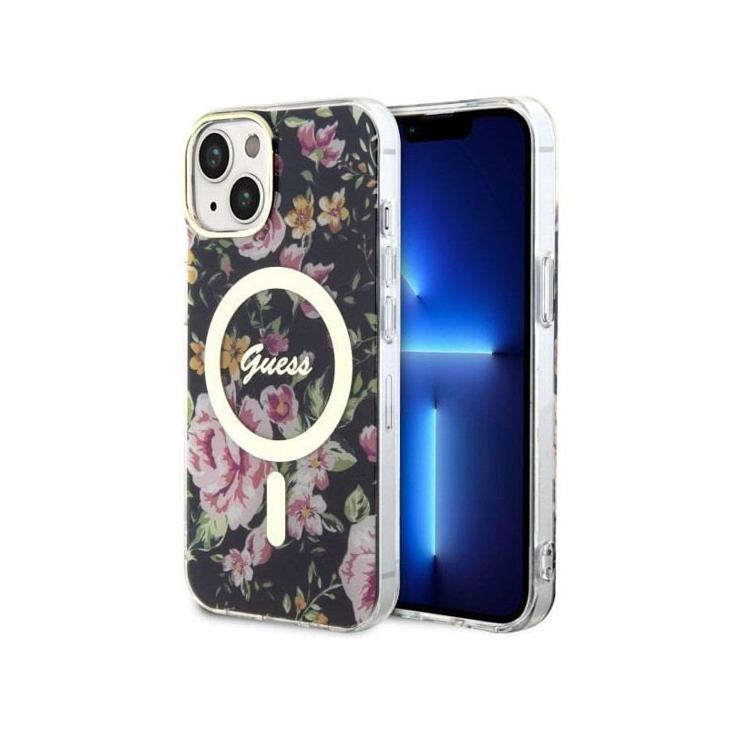 Guess Flower MagSafe dėklas iPhone 14 - juodas Guess Flower MagSafe dėklas iPhone 14 - juodas