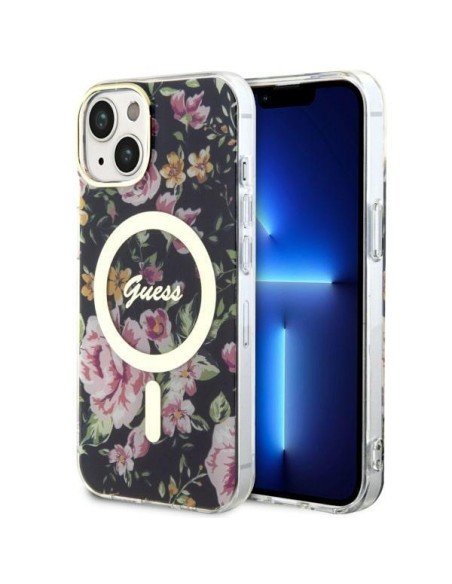 Guess Flower MagSafe dėklas iPhone 14 - juodas Guess Flower MagSafe dėklas iPhone 14 - juodas