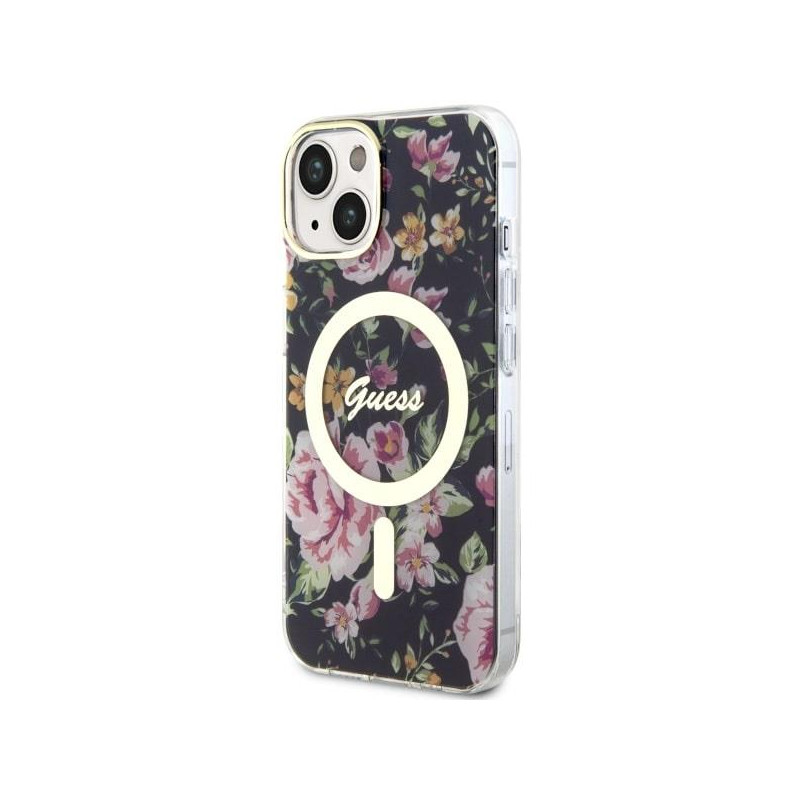 Guess Flower MagSafe dėklas iPhone 14 - juodas