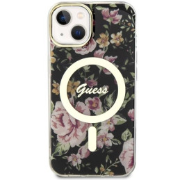 Guess Flower MagSafe dėklas iPhone 14 - juodas