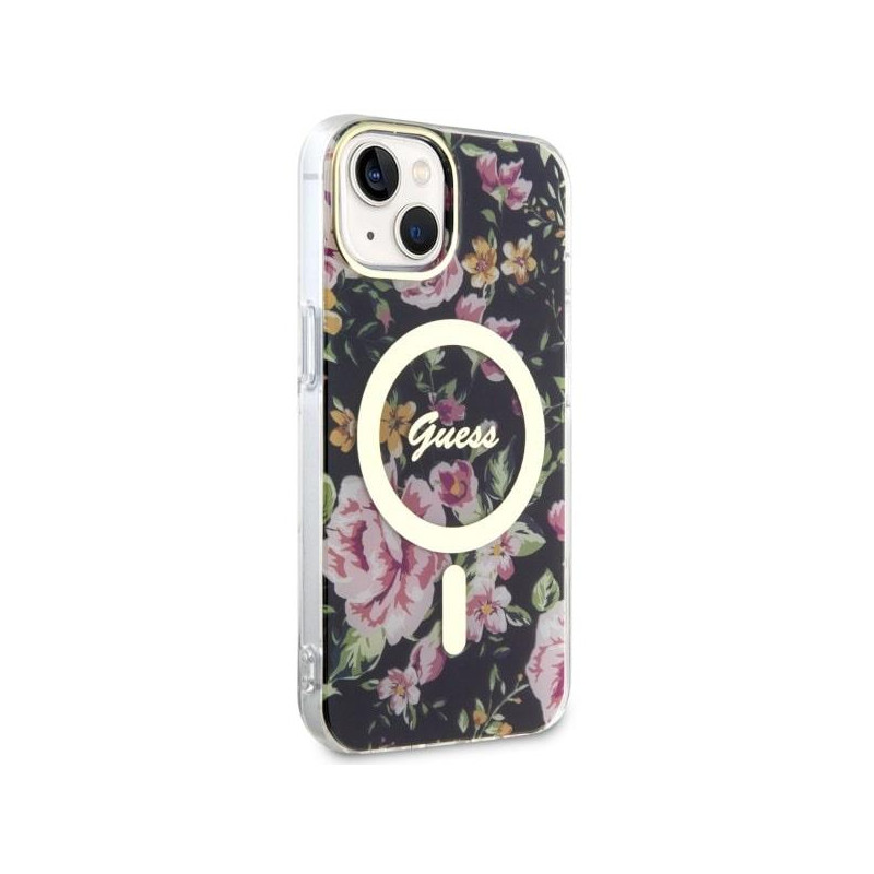 Guess Flower MagSafe dėklas iPhone 14 - juodas