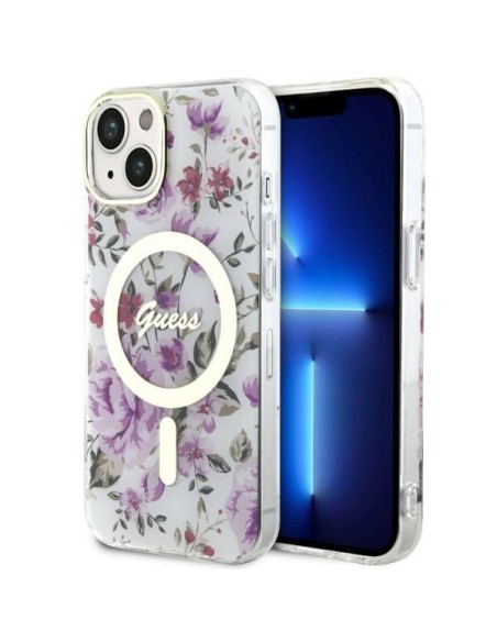 Guess Flower MagSafe dėklas iPhone 14 - skaidrus Guess Flower MagSafe dėklas iPhone 14 - skaidrus