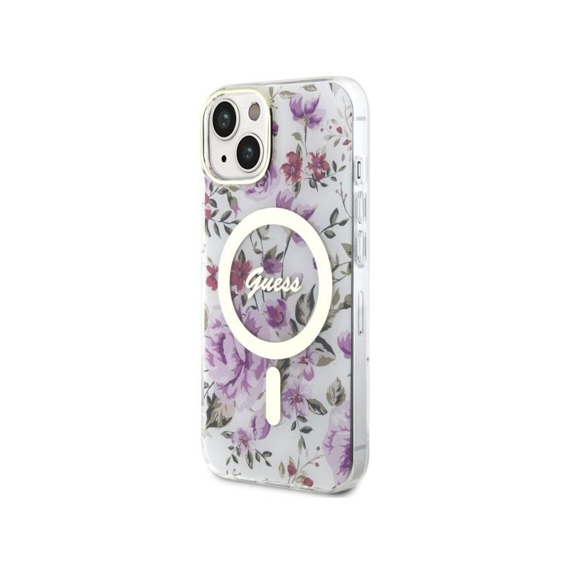 Guess Flower MagSafe dėklas iPhone 14 - skaidrus