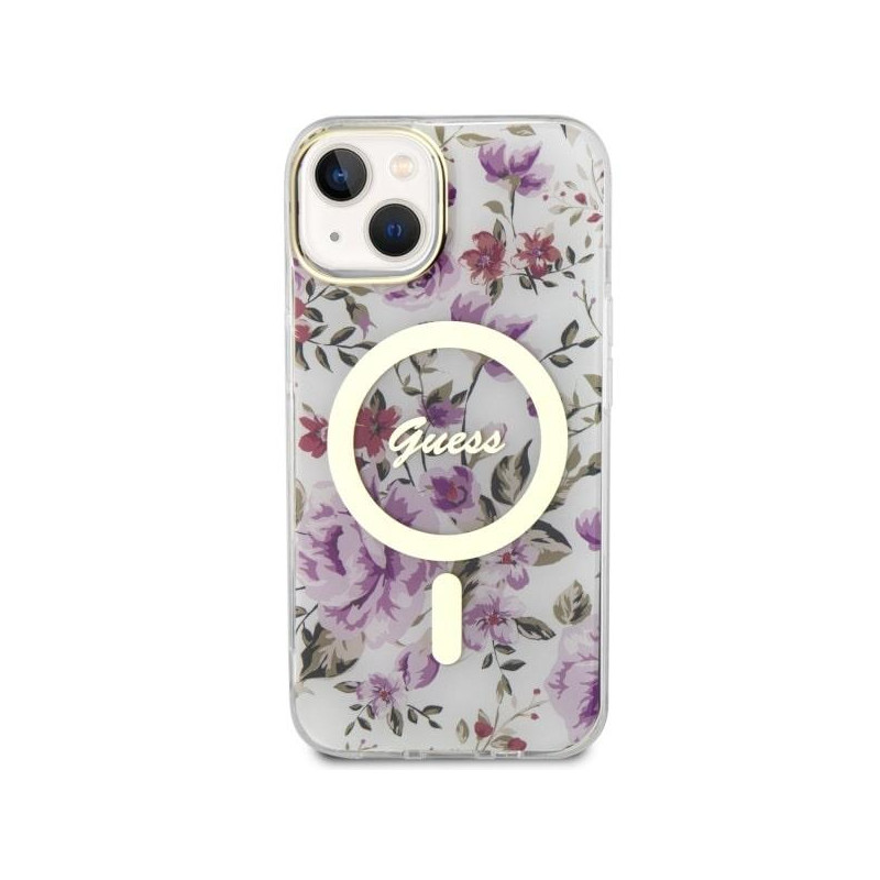 Guess Flower MagSafe dėklas iPhone 14 - skaidrus