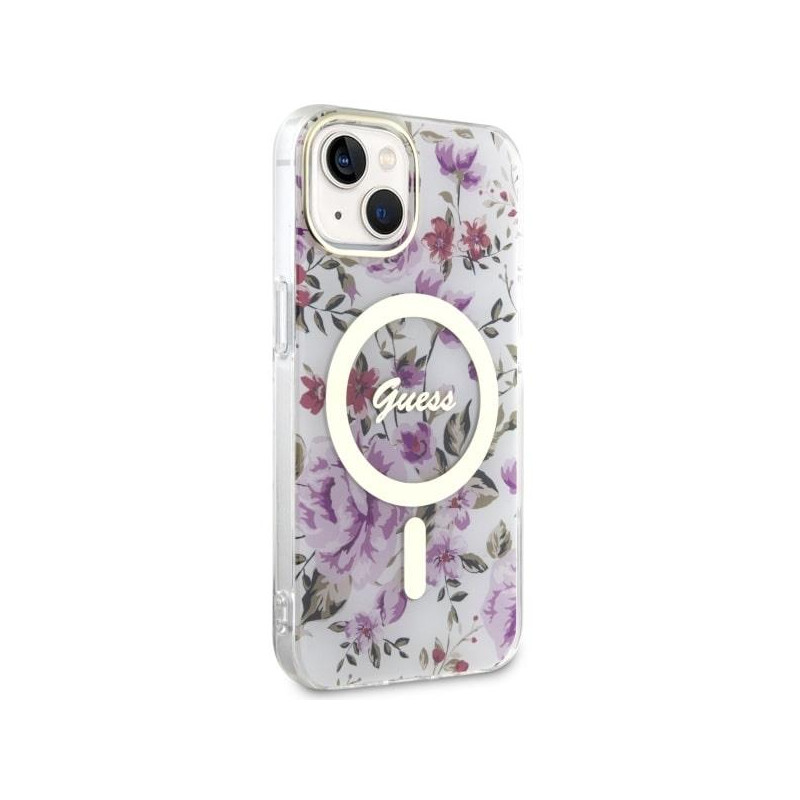 Guess Flower MagSafe dėklas iPhone 14 - skaidrus