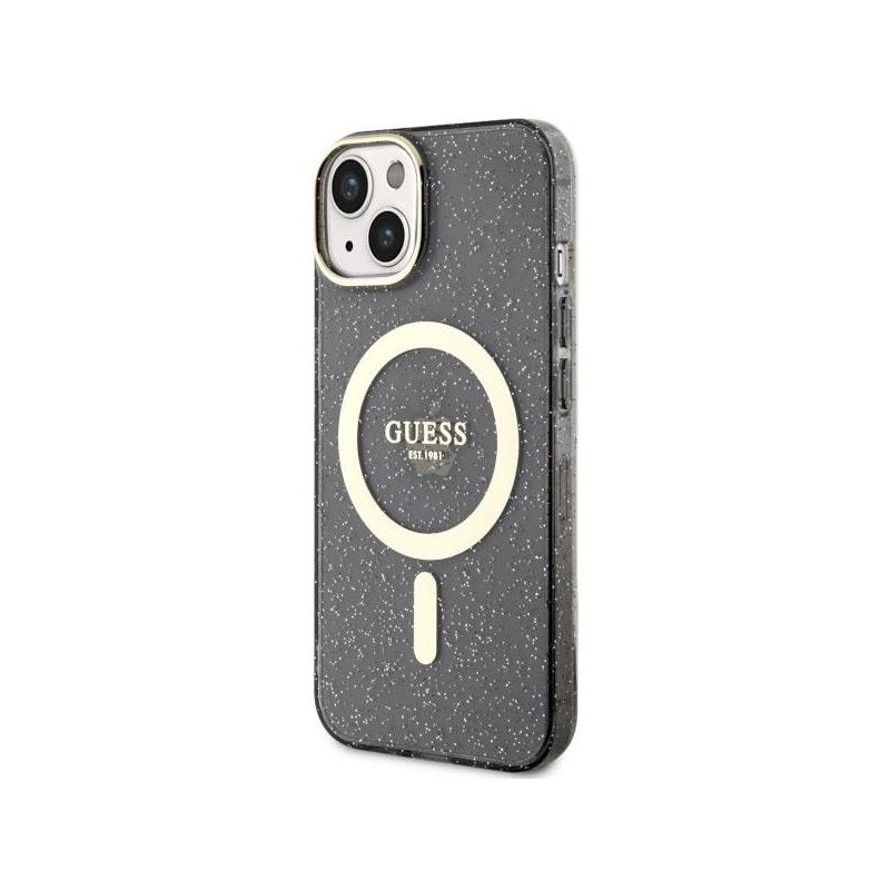 Guess Glitter Gold MagSafe dėklas iPhone 14 - juodas