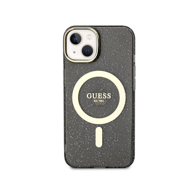 Guess Glitter Gold MagSafe dėklas iPhone 14 - juodas