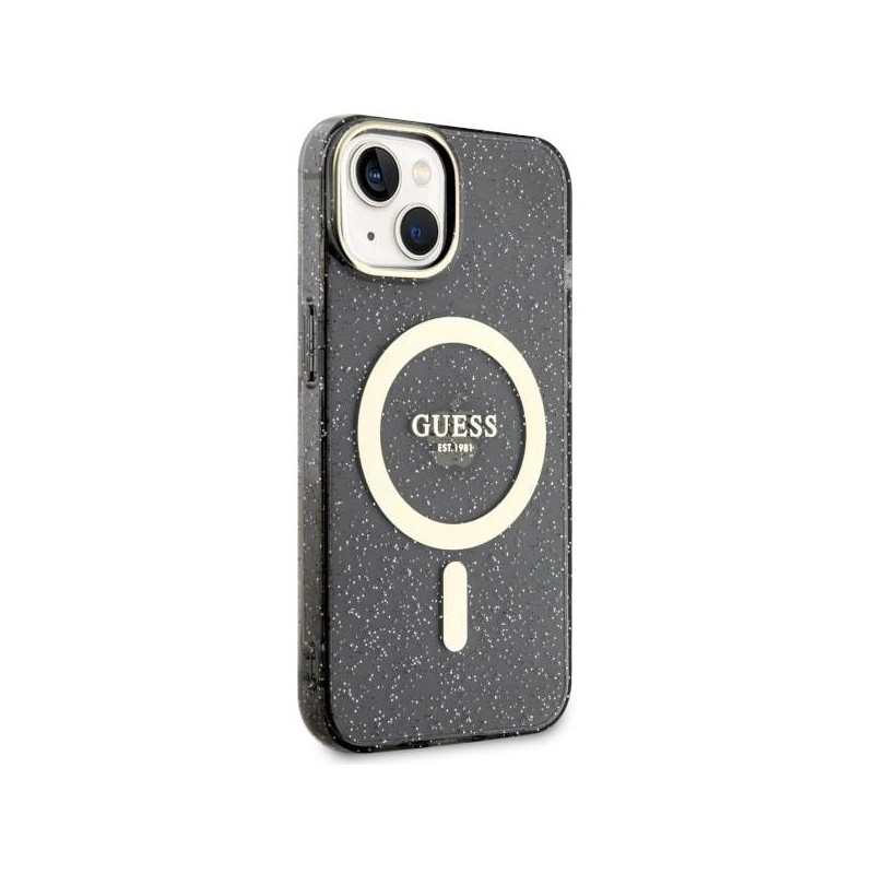 Guess Glitter Gold MagSafe dėklas iPhone 14 - juodas