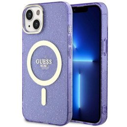 Guess Glitter Gold MagSafe dėklas iPhone 14 - violetinis