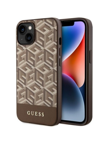 Guess GCube Stripes MagSafe dėklas iPhone 14 - rudas Guess GCube Stripes MagSafe dėklas iPhone 14 - rudas
