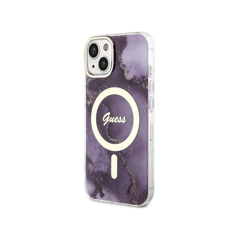 Guess Golden Marble MagSafe dėklas iPhone 14 - violetinis