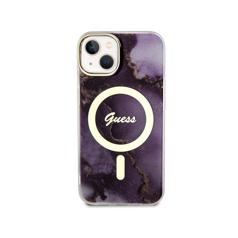 Guess Golden Marble MagSafe dėklas iPhone 14 - violetinis