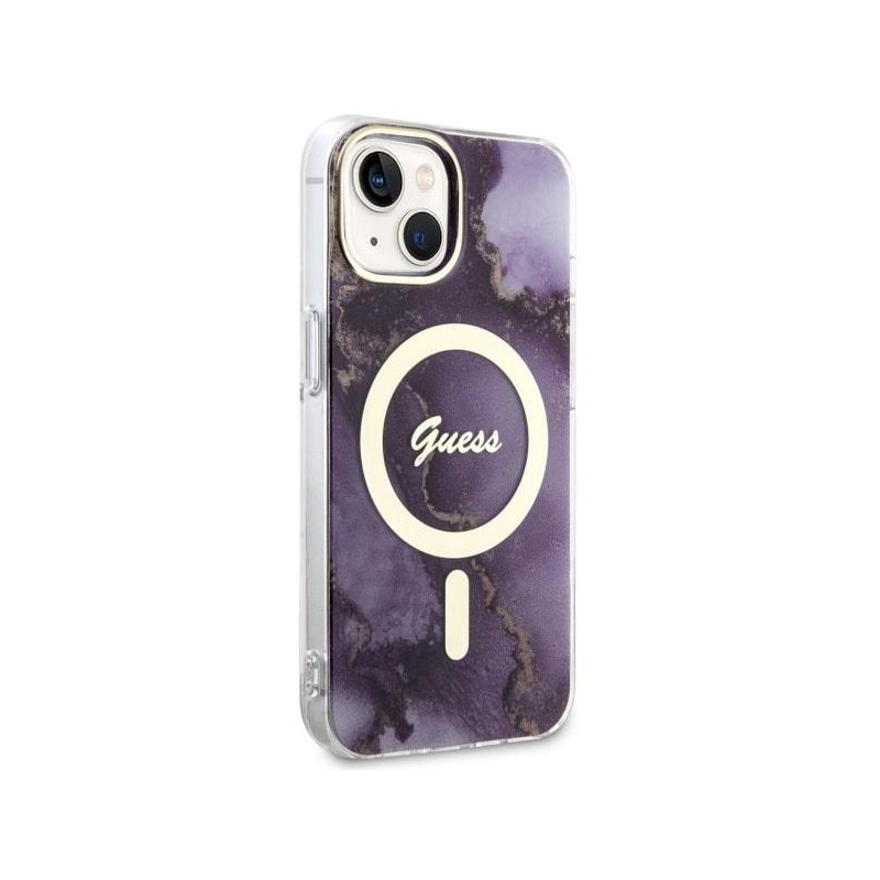 Guess Golden Marble MagSafe dėklas iPhone 14 - violetinis