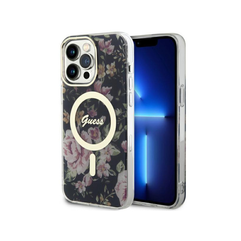 Guess Flower MagSafe dėklas iPhone 14 Pro Max - juodas