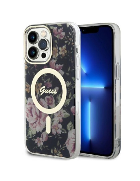 Guess Flower MagSafe dėklas iPhone 14 Pro Max - juodas Guess Flower MagSafe dėklas iPhone 14 Pro Max - juodas