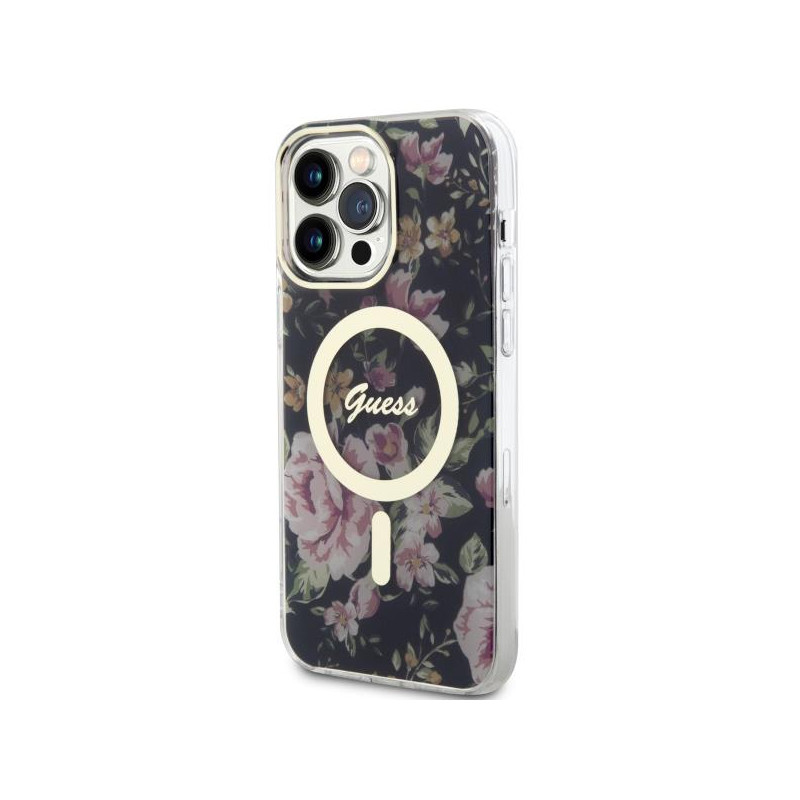 Guess Flower MagSafe dėklas iPhone 14 Pro Max - juodas