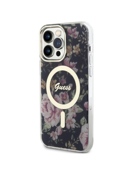 Guess Flower MagSafe dėklas iPhone 14 Pro Max - juodas Guess Flower MagSafe dėklas iPhone 14 Pro Max - juodas