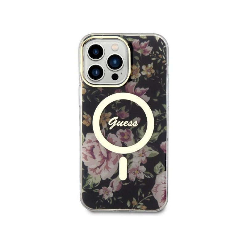 Guess Flower MagSafe dėklas iPhone 14 Pro Max - juodas
