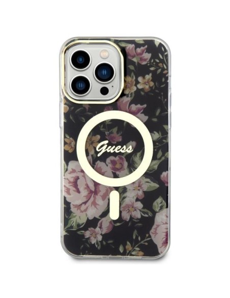 Guess Flower MagSafe dėklas iPhone 14 Pro Max - juodas Guess Flower MagSafe dėklas iPhone 14 Pro Max - juodas
