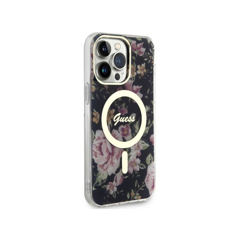 Guess Flower MagSafe dėklas iPhone 14 Pro Max - juodas