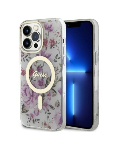 Guess Flower MagSafe dėklas iPhone 14 Pro Max - skaidrus