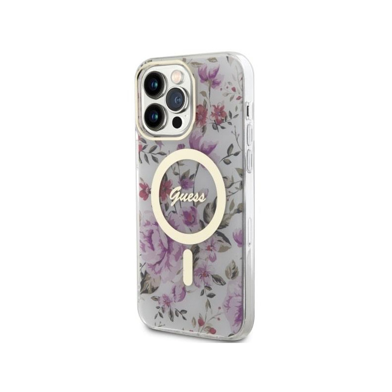 Guess Flower MagSafe dėklas iPhone 14 Pro Max - skaidrus