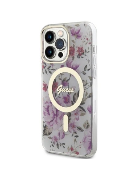 Guess Flower MagSafe dėklas iPhone 14 Pro Max - skaidrus