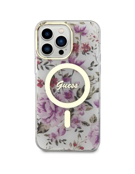 Guess Flower MagSafe dėklas iPhone 14 Pro Max - skaidrus