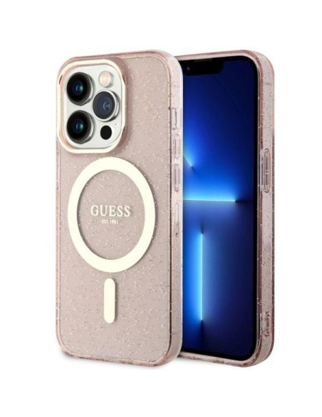 Guess Glitter Gold MagSafe dėklas iPhone 14 Pro Max - rožinis