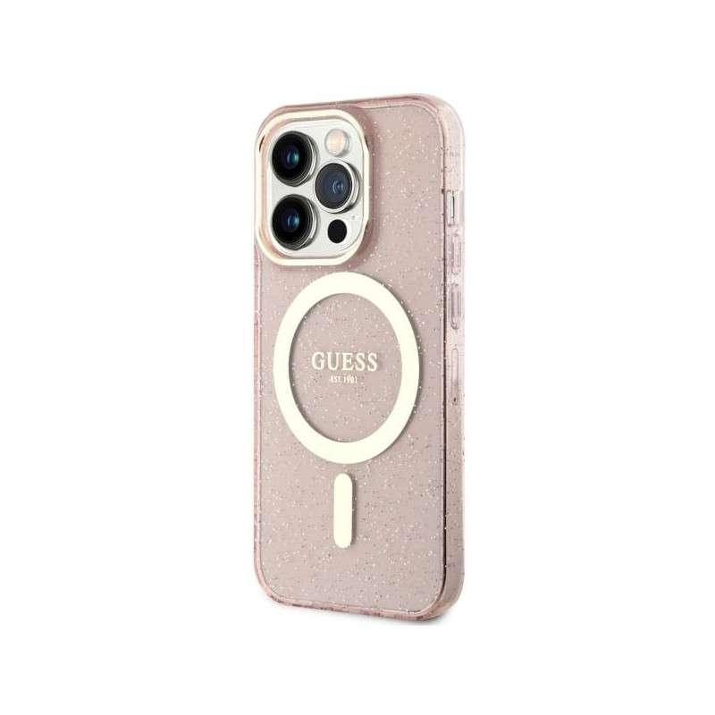 Guess Glitter Gold MagSafe dėklas iPhone 14 Pro Max - rožinis