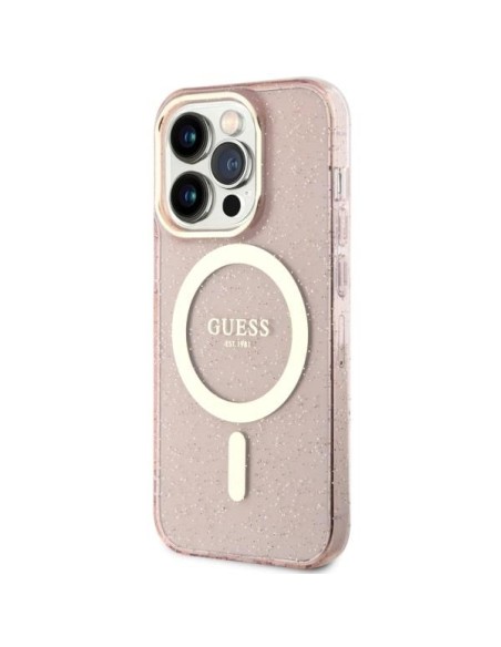 Guess Glitter Gold MagSafe dėklas iPhone 14 Pro Max - rožinis