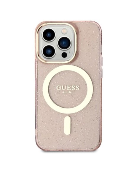 Guess Glitter Gold MagSafe dėklas iPhone 14 Pro Max - rožinis