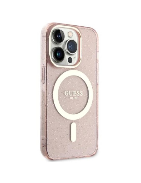 Guess Glitter Gold MagSafe dėklas iPhone 14 Pro Max - rožinis