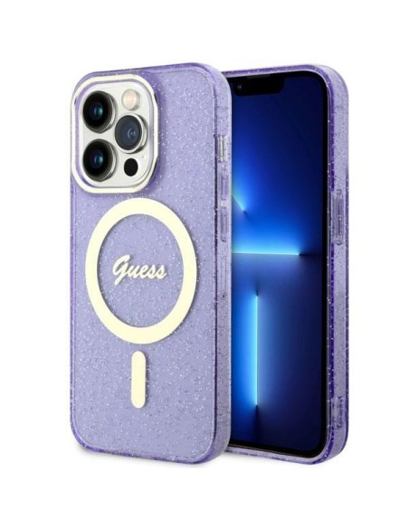 Guess Glitter Gold MagSafe dėklas iPhone 14 Pro Max - violetinis Guess Glitter Gold MagSafe dėklas iPhone 14 Pro Max - violetinis