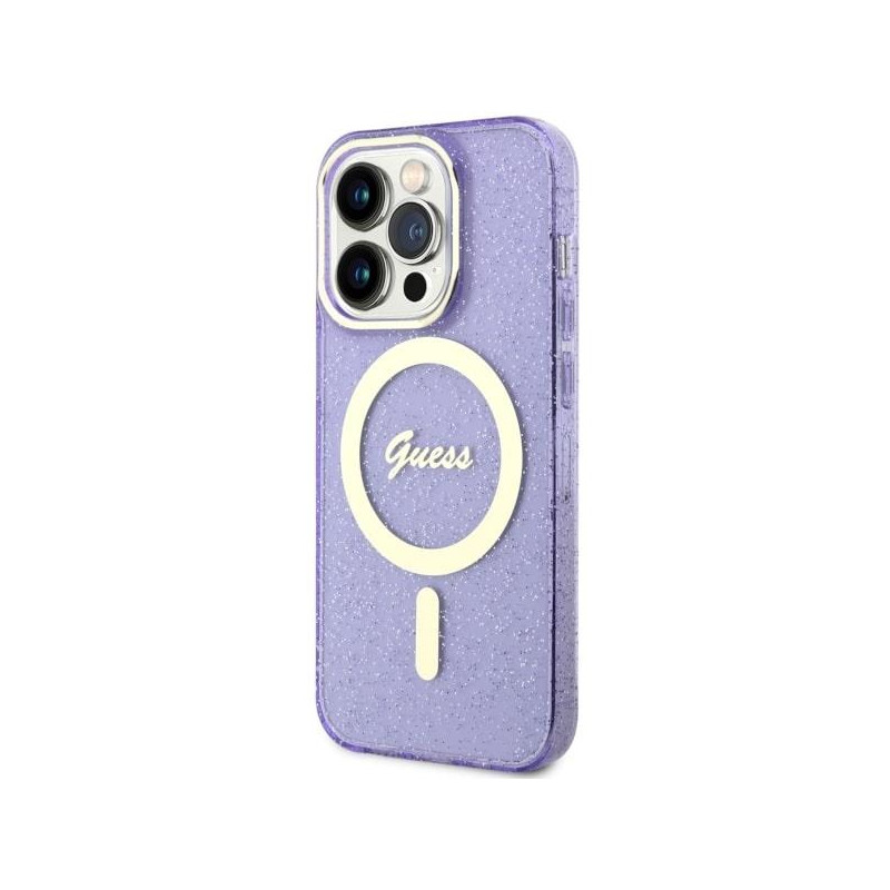 Guess Glitter Gold MagSafe dėklas iPhone 14 Pro Max - violetinis