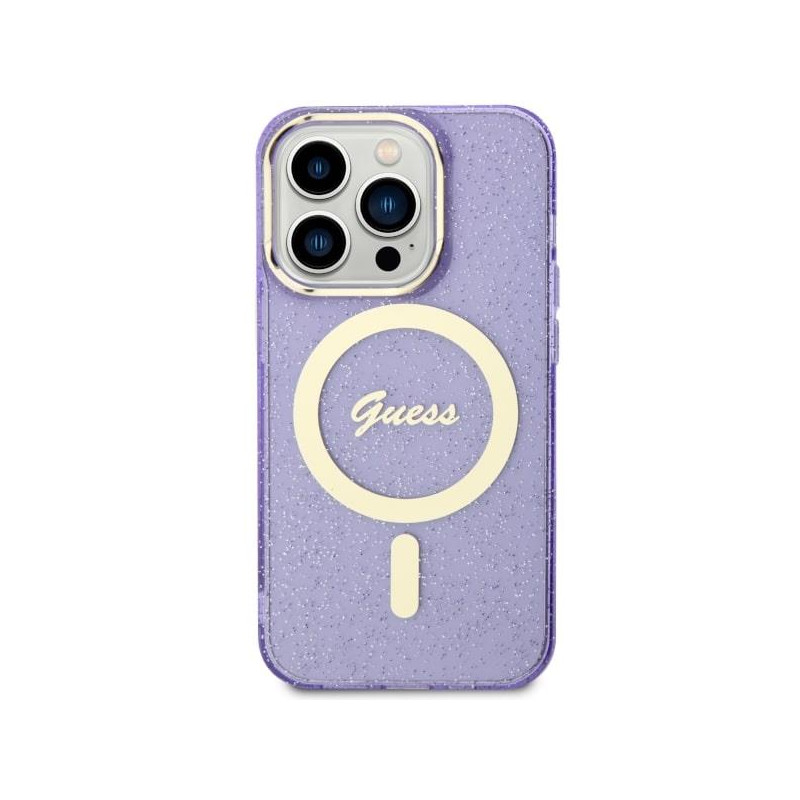 Guess Glitter Gold MagSafe dėklas iPhone 14 Pro Max - violetinis