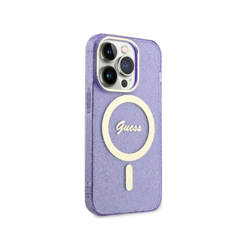 Guess Glitter Gold MagSafe dėklas iPhone 14 Pro Max - violetinis