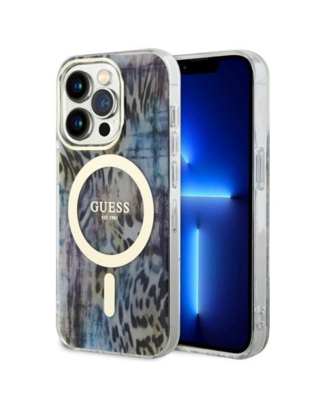 Guess Leopard MagSafe dėklas iPhone 14 Pro Max - mėlynas
