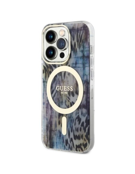 Guess Leopard MagSafe dėklas iPhone 14 Pro Max - mėlynas