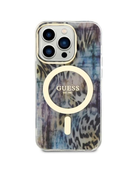 Guess Leopard MagSafe dėklas iPhone 14 Pro Max - mėlynas