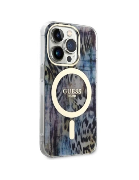Guess Leopard MagSafe dėklas iPhone 14 Pro Max - mėlynas
