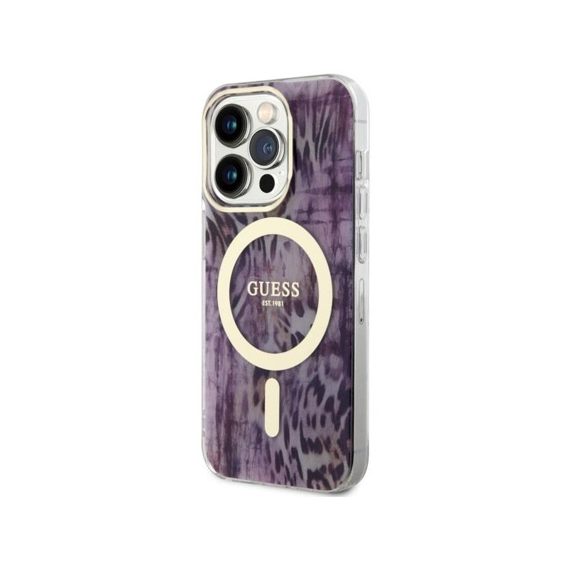 Guess Leopard MagSafe dėklas iPhone 14 Pro Max - rožinis