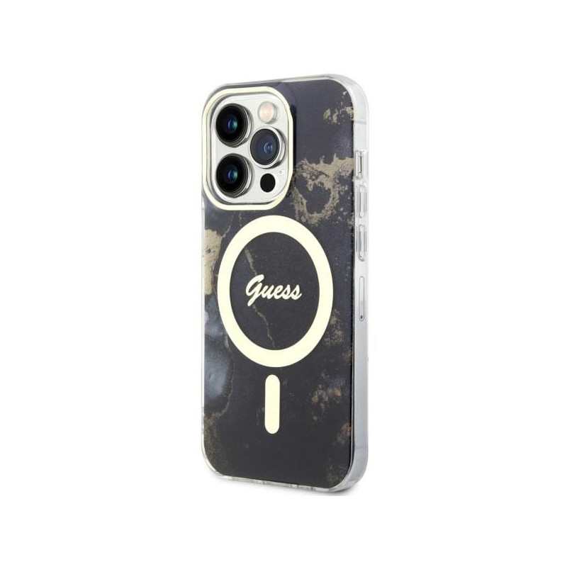 Guess Golden Marble MagSafe dėklas, skirtas iPhone 14 Pro Max - juodas
