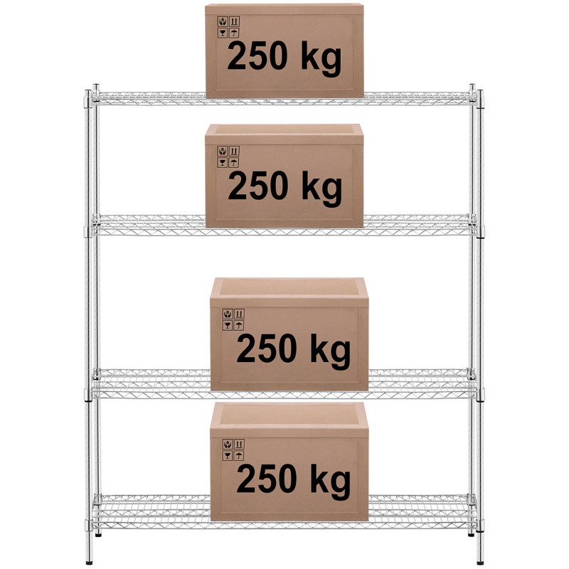 Chromuota laikymo lentyna su 4 vielinėmis lentynomis iki 1 t 1000 kg 150x45x180 cm