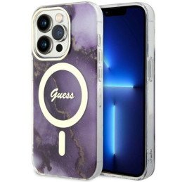 Guess Golden Marble MagSafe dėklas, skirtas iPhone 14 Pro Max - violetinė