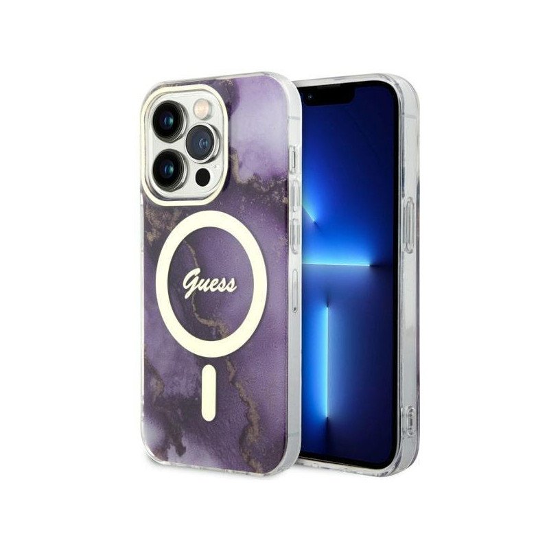 Guess Golden Marble MagSafe dėklas, skirtas iPhone 14 Pro Max - violetinė Guess Golden Marble MagSafe dėklas, skirtas iPhone 14 Pro Max - violetinė