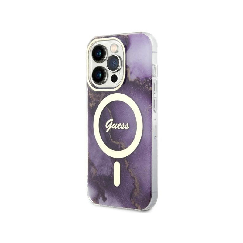 Guess Golden Marble MagSafe dėklas, skirtas iPhone 14 Pro Max - violetinė